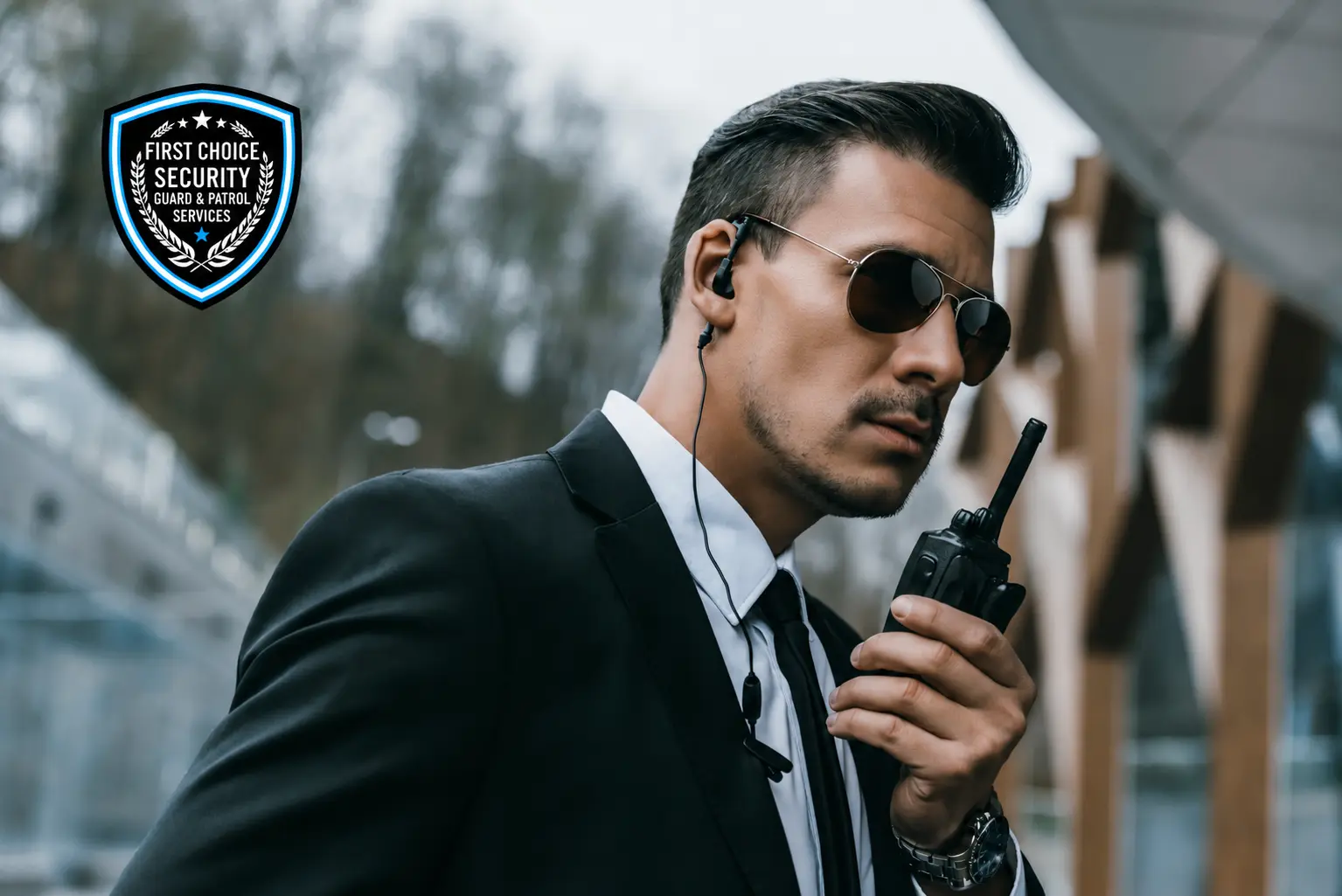 Security professional with shield emblem